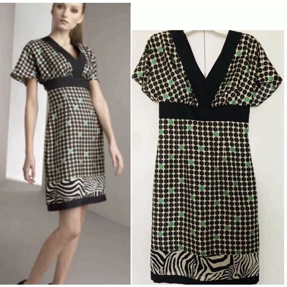 Phoebe Couture Black and White Polka Dot Midi Dress with Green Accents